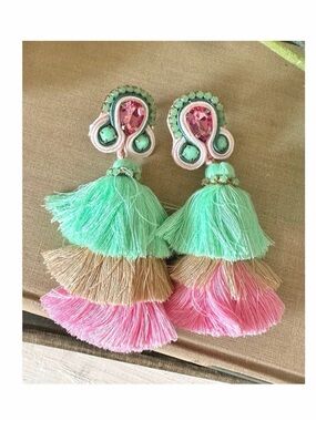 Tiered Tassel Drop Earrings in Mint, Peach & Pink